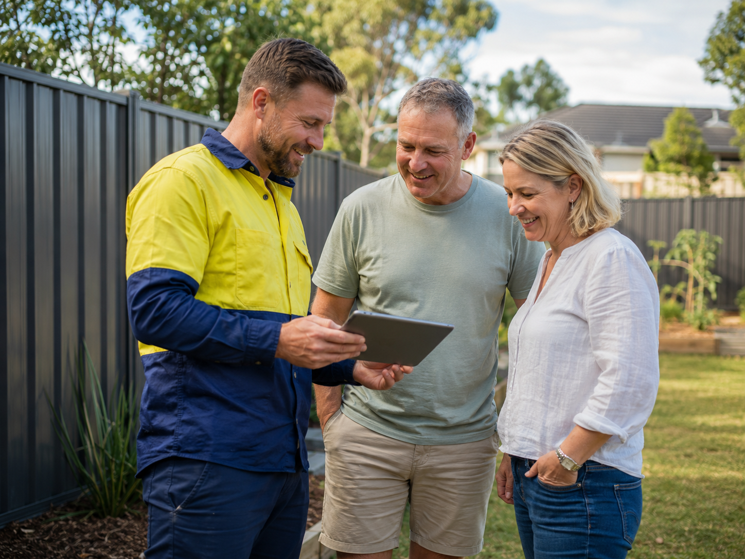 Fencing contractor showing a fence preview to a happy homeowner